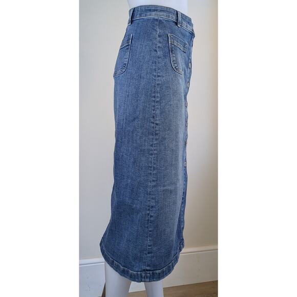 M&S VTG Denim Jean Skirt 4 Blue Midi Pencil 4 Button Front Patch Pockets 90s - Picture 5 of 10
